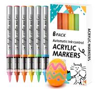 JEFFNIUB Acrylic Paint Markers 6 Colours Brush Tip Automatic Ink-control Water-Based, Permanent Acrylic Paint Pens for Rock Painting, Wood, Ceramic, Glass, Metal, Fabric (Dopamine Colors)