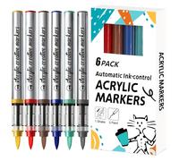 JEFFNIUB Acrylic Paint Markers 6 Colours Brush Tip Automatic Ink-control Water-Based, Permanent Acrylic Paint Pens for Rock Painting, Wood, Ceramic, Glass, Metal, Fabric (Base Colors)