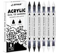JEFFNIUB Acrylic Paint Pen Black and White, 6PCS Automatic Ink-control Dual Tip Brush Acrylic Markers for Rocks, Metal, Glass, Wood, Fabric, Porcelain, Ceramic