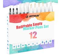JEFFNIUB Set of 12 Empty Fillable Marker Pens Set, Refillable Watercolour Brush Pens& Paint Pen with Assorted Tips for Artists & Calligraphy