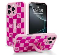 Jefonha Checkered Case for iPhone 16 Pro with Finger Strap Kickstand Cute Checkerboard Bow Phone Case for Women Girls, Full Camera Protection Shockproof Cover for 16 Pro 6.9 inch, Pink