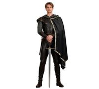 JEGERMIG Medieval Hooded Cloak, Velvet Assassin Costume Cape, Renaissance Style with Decorative Trim Black