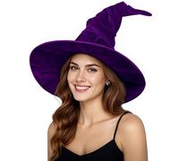 JEGERMIG Women's Purple Masquerade Ruched Witch Hat Oversized Witches Velvet Hats Wide Brim Party Halloween Accessory