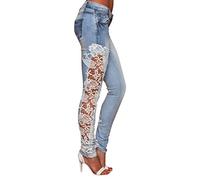 Jeggings for Women UK Low Waist Sexy Side Lace Openwork Slim Jeans Embroidery Hollow Appliques Fashion Denim Trousers Floral Pencil Trousers Women's Washed Wearable Basic Denim Jeans White