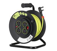Jegs Four Socket Open Cable Reel Extension Lead with Winding Handle, Thermal Cut Out and Power Switch, 25 Metres High Visibility Green Cable