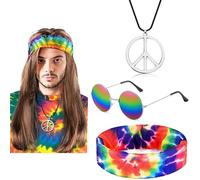 JehaYu 4 Pcs Hippie Accessories Hippie Costume, 60s 70s Outfits Sunglasses Headband Wig Peace Sign Necklace Clothes Disco Outfits Hair Accessories Hippy Clothes for Men Women