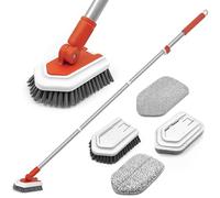 JEHONN 4-in-1 Bathroom Tile Tub Scrubber with 130 CM Long Handle, Upgraded Shower Cleaning Brush, 4 Different Function Scrub Brush Attachments Head for Bathtub, Floor, Wall, Baseboard (Red)
