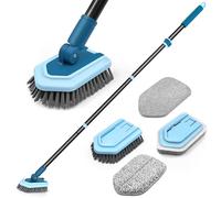 JEHONN Bathroom Cleaning Brush with 130 cm Long Handle, Upgraded Shower Tile Tub Scrubber, 4 Different Function Scrubbing Brush Attachments Head for Bathtub, Floor, Wall, Baseboard (Blue)