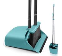 JEHONN Broom and Dustpan Set, 137 cm Long Handled Sweeping Brush and Upright Standing Dust Pan with Comb Teeth for Indoor Home Kitchen Lobby Garden Office Room (Grey Green)