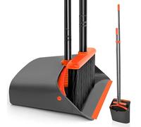 JEHONN Broom and Dustpan Set, 137 cm Long Handled Sweeping Brush and Upright Standing Dust Pan with Comb Teeth for Indoor Home Kitchen Lobby Garden Office Room (Black Orange)