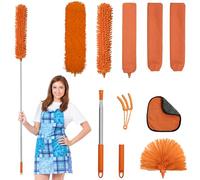 JEHONN Feather Duster Kit 8 PCS for Cleaning, 245 cm Extendable Long Handle Microfiber Cobweb Dusting Brush, Telescopic Dust Remover Tool for High Ceiling Fan AC Vent Wall House Exterior Interior