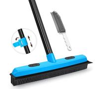 JEHONN Rubber Broom with Squeegee, Silicone Carpet Brush Pet Hair Remover 134 cm Long Handle, Push Fur Removal Tool with Portable Detailing Lint Comb for Rug, Tile, Hardwood Floor Cleaning (Blue)