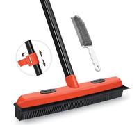 JEHONN Rubber Broom with Squeegee, Silicone Carpet Brush Pet Hair Remover 134 cm Long Handle, Push Fur Removal Tool with Portable Detailing Lint Comb for Rug, Tile, Hardwood Floor Cleaning (Red)