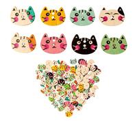Jehoshaphat 100PC Cute Cat Face Wooden Buttons - Colorful Hand-Painted Animal Expressive Faces for Clothing Bags Hats Party Decor
