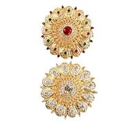 Jehoshaphat 2Pcs Middle Eastern Round Floral Filigree Metal Brooches, Rhinestone Inlaid Ornament Pins, Versatile Fastening Hardware for Headscarves, Evening Party Outfit Embellishment
