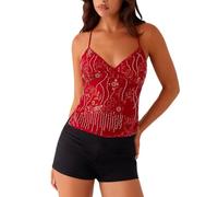 JEIBKOUY Y2k Summer Sequin Tank Tops for Women Sexy Sparkle V Neck Shirt Backless Halter Low Cut Straps Trendy Going Out Tops, Red, S