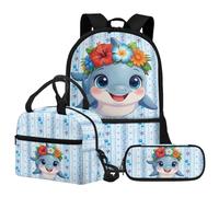 Jeiento 3 In 1 Blue Dolphin Backpack Set for Boy Girl Carton Dolphin School Bag with Insulated Lunchbag Pen Case Lightweight Kindergarten Preschool School Bag