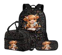 Jeiento 3 In1 School Backpack Set Include 17In School Bag with Insulated Lunch Box and Large Pen Bag for Boys Girls 6-12, Cartoon Western Highland Cow, Rucksack Backpacks