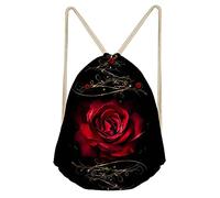 Jeiento 3D Art Flower Red Rose Backpack Drawstring,Travel Sport Gym Sackpack Lightweight Waterproof Bag for Women Kids