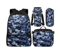 Jeiento 4 Pcs Blue Camouflage Shark Backpack Set for Kids Blue Camouflage Schoolbag Sets with Insulated Lunch Box Tote Bag,Pen Bag,Child Camouflage Water Bottle Holder Sleeve Cartoon Shark Bookbag