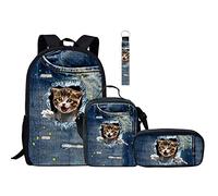 Jeiento 4Pcs Cute Cat Prints Backpack Sets Primary Schoolbag Travel Daypack Shoulder Insulated Lunch Bag Bag Pencil Case Wristlet Keychain
