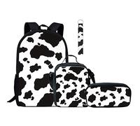 Jeiento 4Pcs Elementary Bookbag Satchels Primary School Bag Backpack Set with Lunch Bag Pencil Bag Neoprene Hand Wrist Lanyard Keyring,Animal Cow Print