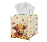 Jeiento 5.1x5.1 Inch,Highland Cow Tissue Holder Cover Square Pu Leather Tissue Cube Maple Leaf Print Facial Paper Napkin Storage Desk Decor for Home,Office,Car THanksgiving Decorative