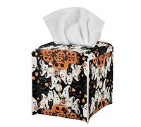 Jeiento 5.1x5.5 Inch Ghost and Pumpkin Tissue Holder for Bathroom Foldable Lightweight Pu Leather Tissue Box Covers Folding Tissue Facial Paper Storage Case Halloween Decoration