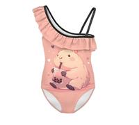Jeiento Adorable Capybara Swimwear for Toddler Girl One Shoulder Ruffle Bathing Suit Comfort Breathable Swimsuits Beach Sport Clothing 5-6 Years