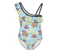 Jeiento Adorable Cat Swimwear for Princess Girls Cartoon Children One Shoulder Ruffle Swimsuits One Piece Bathing Suit Kids Cartoon Swimming Wear Quick Dry Beachwear 11-12 Years