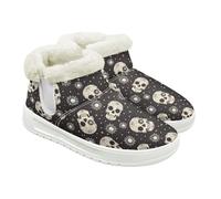 Jeiento Adult Winter Fuzzy Snow Boots Skull Pattern Boots Gothic Style Casual Walking Shoes Warm Comfortable Slip-on House Shoes Comfy Hiking Ankle Booties