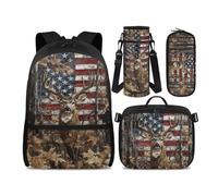 Jeiento American Flag Deer Backpack for School 4 In 1,Hunting Camouflage Deer Backpack with Lunch Bag Pencil Case Water Bottle Holder,8-12 Kids Preschool Bookbag Teenager Sport Ruckpack Back to School