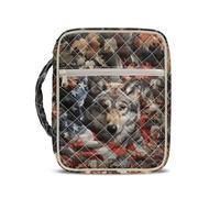 Jeiento American Flag Wolf Bible Covers Hunting Camo Wolf Bible Bag with Handle Zipper Front Pocket,Lightweight Bible Carring Tote Bags for Women Men
