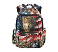 Jeiento American Flag Wolf School Bag for Boys,Large Capacity Kids Backpack 17Inch Toddler Backpacks Lightweight Elementary Middle High School Bookbag Adult Casual Daypack for Travel,Sport
