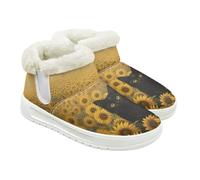 Jeiento Black Cat Pattern Snow Boots for Women Outdoor Winter Shoes Yellow Sunflower Ankle Booties with Fur Lined Warm Slip On Boots Comfort House Shoes