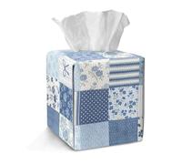 Jeiento Blue Plaid Tissue Cover PU Leather Square Facial Tissue Case Foldable Long-Lasting Boho Floral Tissue Box Cover for Bathroom