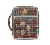 Jeiento Bookshelf and Cats Bible Holder Bag Quilted Bible Bag for Men Women Bible Study Accessories Church Handbag with Handle Zippered Front Pocket