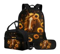 Jeiento Brown Horse Backpack 3 Piece Animal School Bag Set With Include Lunchbag Pencil Case for Preschool,Kindergarten,Elementary