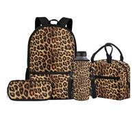 Jeiento Brown Leopard Schoolbag 4 Piece Set,Large Capacity Kids Backpack with Lunch Bags Middle School Bookbag Shoulder Strap Ruckpack for Travel