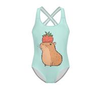 Jeiento Capybara Green Girls Swimsuit Cartoon One Piece Bathing Suit for Children Beach Sport Cross Back Strap Swim Clothing Beach Bathing Suit Years11-12