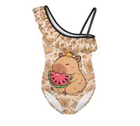 Jeiento Capybara Swimwear Girls One Shoulder Swimwear Capybara and Watermelon Toddler Swimming Wear Adjust Strap Ruffle Beach Bathing Suits Swimming Costume 13-14 Years