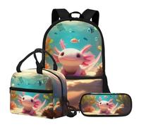 Jeiento Cartoon Axolotls Backpack Set for Boy Girl 3In 1 Bookbag Set with Cute Axolotl Pencil Bag and Lunch Box Kids Ages 8-12 Elementary School Bookbag Large Capacity Sport Daypack