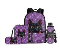 Jeiento Cartoon Black Cat Backpack for Boys Girls 4Piece Rucksack with Pencil Case Lunch Bag Water Bottle Holder Pouch Primary School