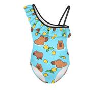 Jeiento Cartoon Capybara and Lemon Swimwear for Girl, Children One-Pieces Bathing Suit Sleeveless Beach Sport Ruffle Swimsuits Child Gymnastics Leotards 11-12 Years