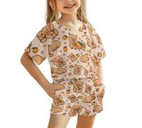 Jeiento Cartoon Orange Capybara Sleepwear Set 2 Piece Little Boy Girl Pyjamas Set 2 Piece Short Sleeve Capybara T-shirt and Shorts Comfortable Summer Outfits,Age 9-10