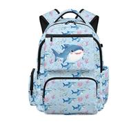 Jeiento Cartoon Shark School Bag for Boy 17 Inch Preschool Elementary School Students Bookbag with Front Zipper Pocket,Lightweight Teenager Travel Ruckpack,Boy's Football Backpack