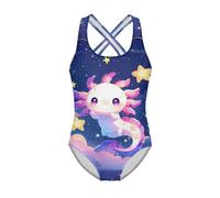 Jeiento Cartoon Starry Sky Axolotls Swimsuit Kids Swimwear 5-14Years Old, Quick Dry Athletic Bodysuit Princess Girl One Piece Swimsuits Sleeveless Swim Wear for Beach Sport Years7-8