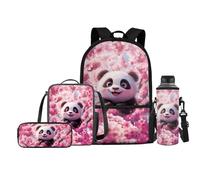 Jeiento Cherry Blossom Panda School Bag with Lunch Bag Pencil Case for Boy Girl Preschool Elementary School Book Bag