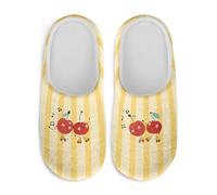 Jeiento Cherry Pattern Yellow White Stripes for Lady Women Christmas Shoes Warm Cozy House Slipper for Family Comfortable Slip On Slides Close Toe Spa Slipper for Guest,XS