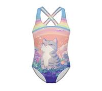 Jeiento Children Lovely Cat Swimwear Cartoon Cat Girls One-Piece Bathing Suit Quick Dry Sport Swimsuit Athletic Ballet Dancewear 7-8 Years